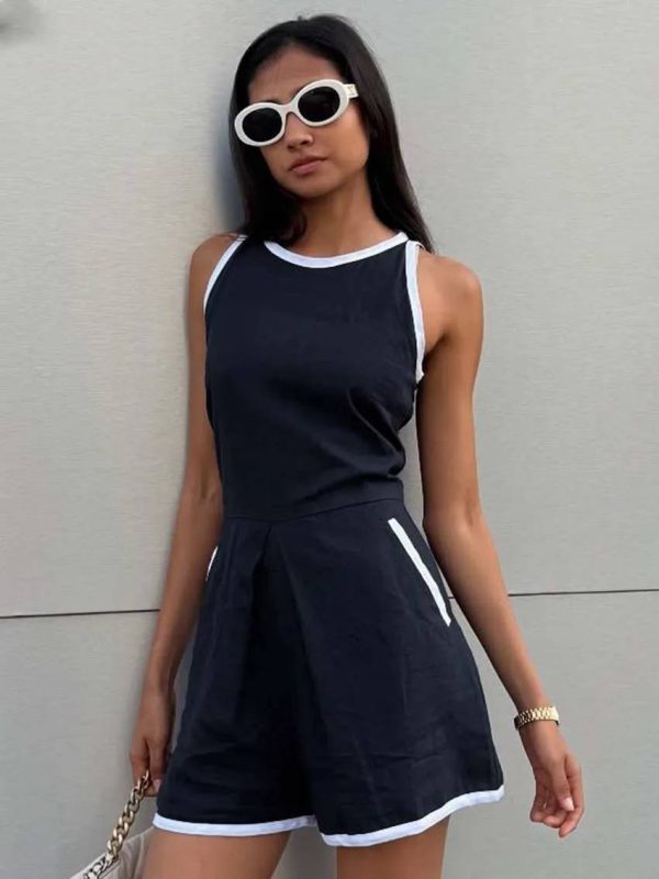 Casual O-Neck Patchwork Sleeveless High Waisted Pocket Jumpsuit