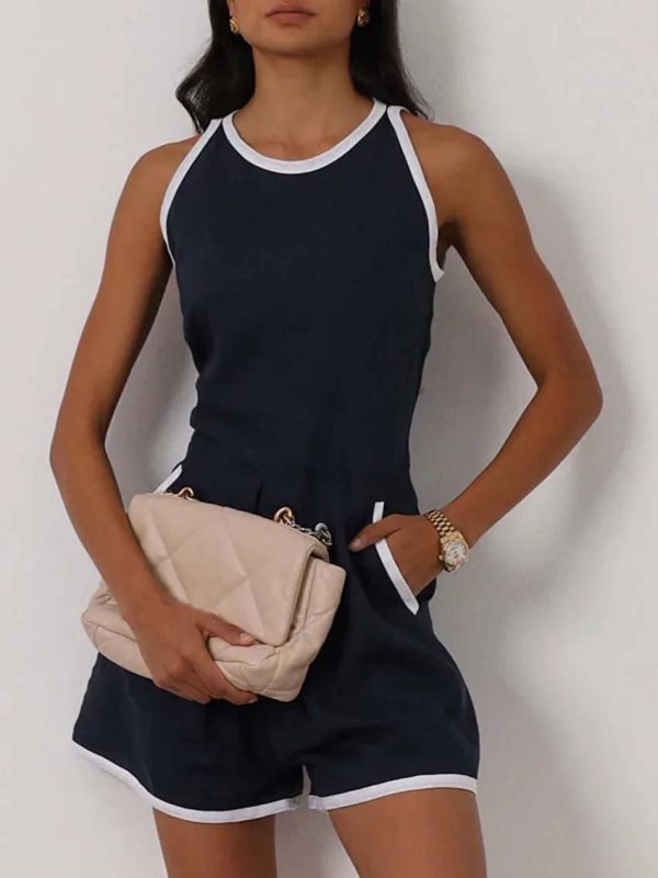 Casual O-Neck Patchwork Sleeveless High Waisted Pocket Jumpsuit - Image 4