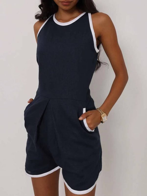 Casual O-Neck Patchwork Sleeveless High Waisted Pocket Jumpsuit - Image 5