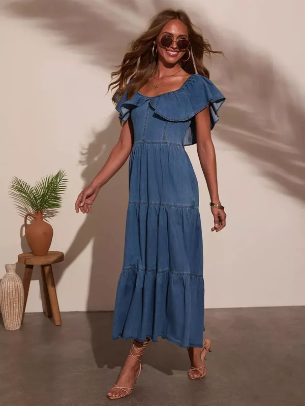 Casual Off Shoulder Denim With Ruffle Skirt Casual Wear Long Dress - Image 2