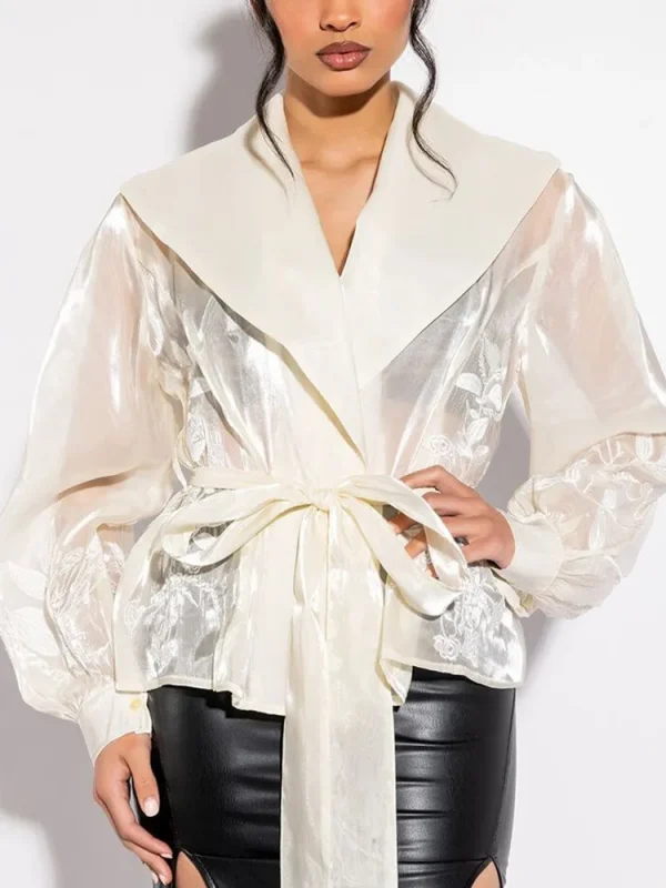 Casual Patchwork Lace Up V Neck Long Sleeve Spliced Mesh Embroidery Blouses - Image 2