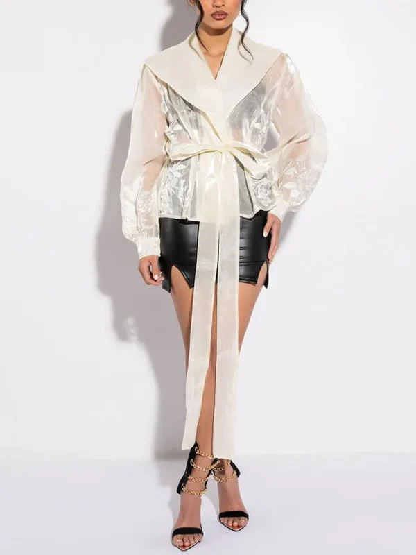 Casual Patchwork Lace Up V Neck Long Sleeve Spliced Mesh Embroidery Blouses
