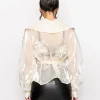 Casual Patchwork Lace Up V Neck Long Sleeve Spliced Mesh Embroidery Blouses - Image 4