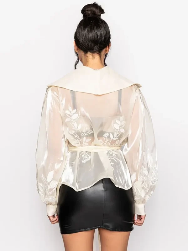 Casual Patchwork Lace Up V Neck Long Sleeve Spliced Mesh Embroidery Blouses - Image 4