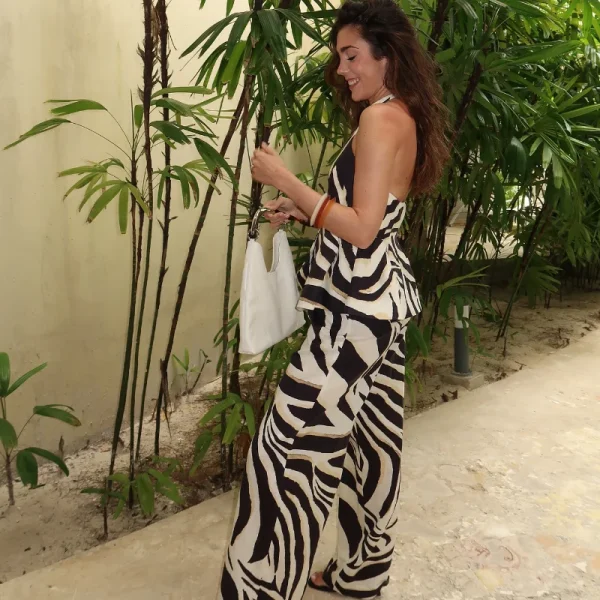 Casual Print Halter Vest Sleeveless Backless Button Tops High Waist Wide Leg Pant - Image 5