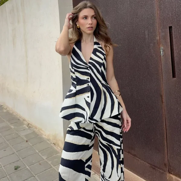 Casual Print Halter Vest Sleeveless Backless Button Tops High Waist Wide Leg Pant - Image 3