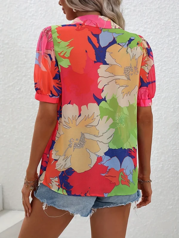 Casual Printed Bubble Sleeve Button Up Shirt Elegant Style Short Sleeved Printed Shirt Top - Image 4