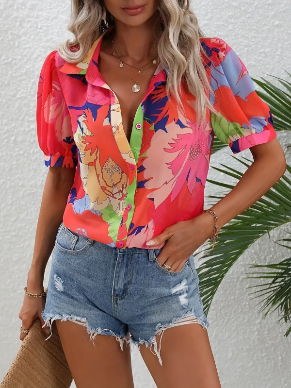 Casual Printed Bubble Sleeve Button Up Shirt Elegant Style Short Sleeved Printed Shirt Top - Image 3