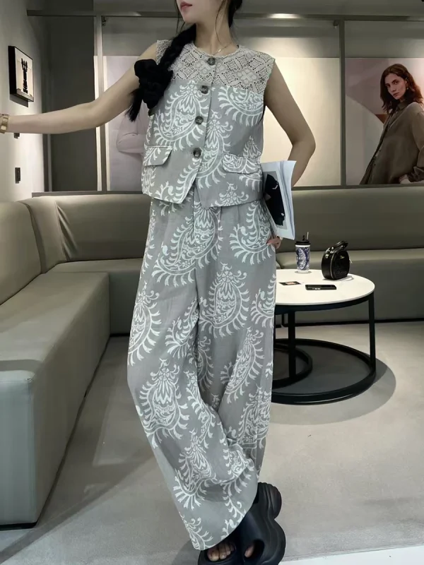 Casual Printing O Neck Sleeveless Top High Waist Loose Pant Two Piece Set - Image 2