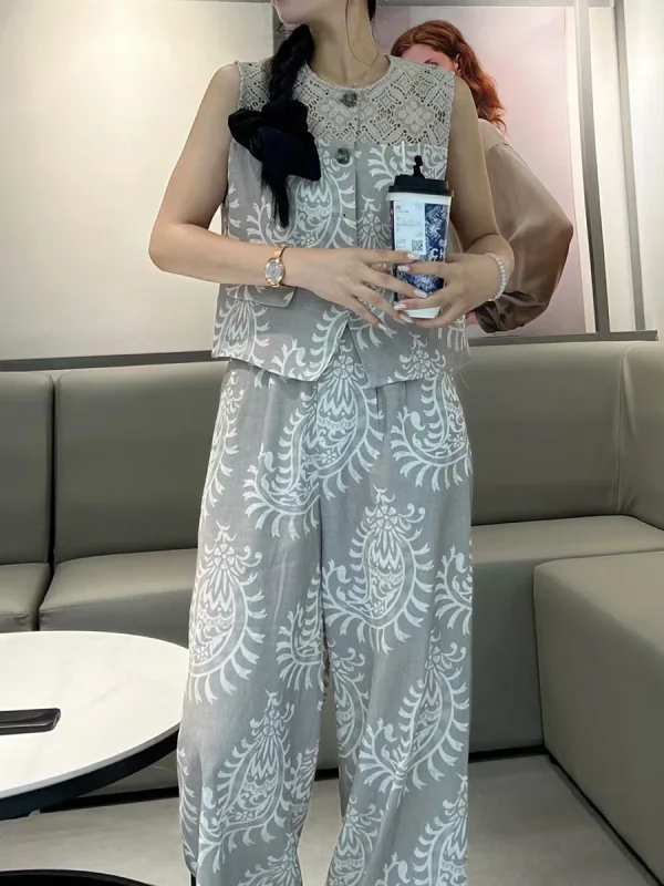 Casual Printing O Neck Sleeveless Top High Waist Loose Pant Two Piece Set - Image 4