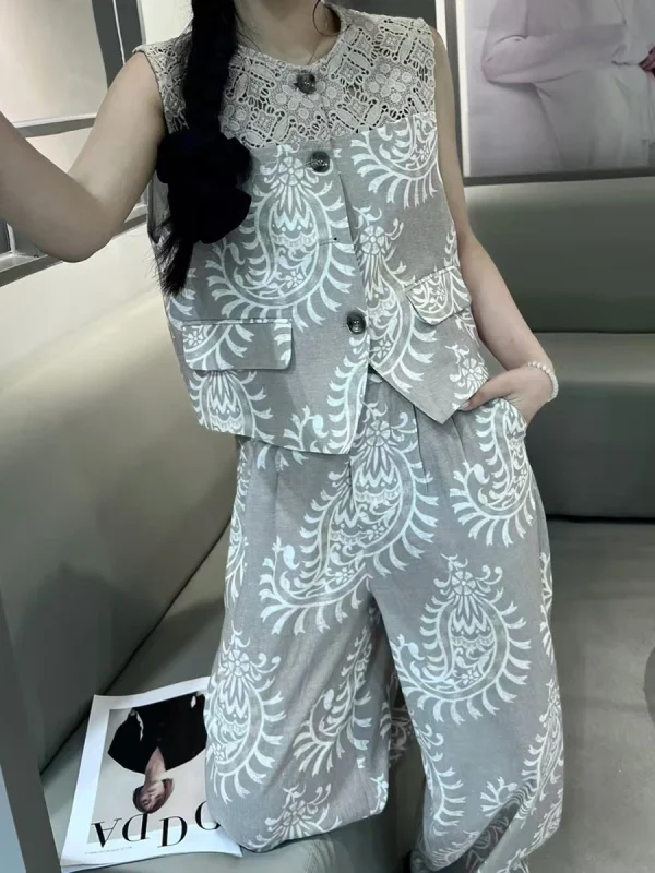 Casual Printing O Neck Sleeveless Top High Waist Loose Pant Two Piece Set - Image 5