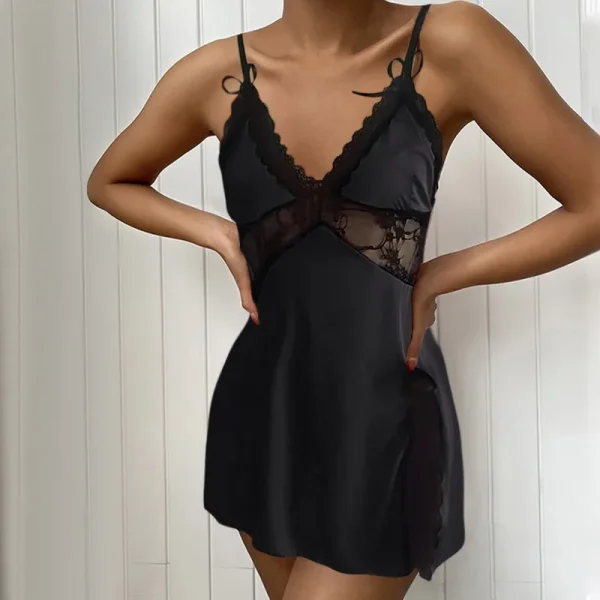 Casual Pure Colour Backless Lace Low Neck Nightgown Dresses - Image 9