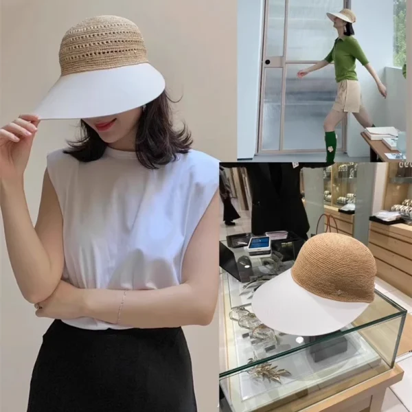 Casual Raffia Straw Patchwork Wide Brim UV Protection Equestrian Style Visor Ponytail Baseball Sun Hat - Image 3