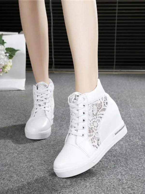Casual Round Toe Leather High Heels Lace Up Wedge Platform Shoes - Image 9
