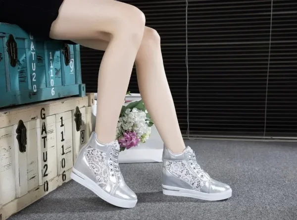 Casual Round Toe Leather High Heels Lace Up Wedge Platform Shoes - Image 3