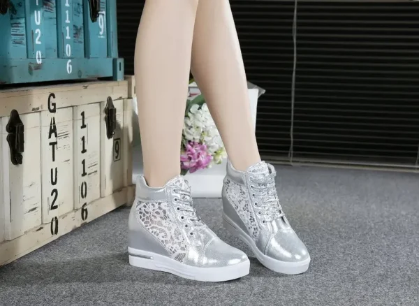 Casual Round Toe Leather High Heels Lace Up Wedge Platform Shoes - Image 6