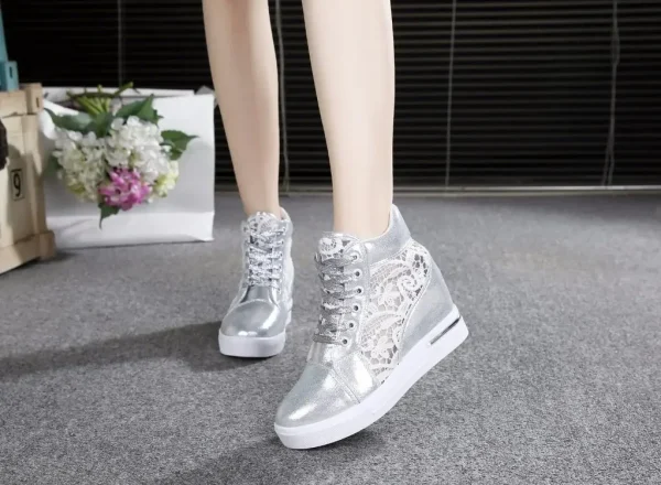 Casual Round Toe Leather High Heels Lace Up Wedge Platform Shoes - Image 2