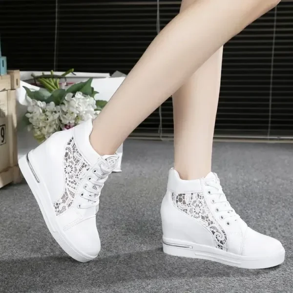 Casual Round Toe Leather High Heels Lace Up Wedge Platform Shoes - Image 8