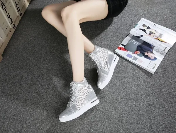 Casual Round Toe Leather High Heels Lace Up Wedge Platform Shoes - Image 5