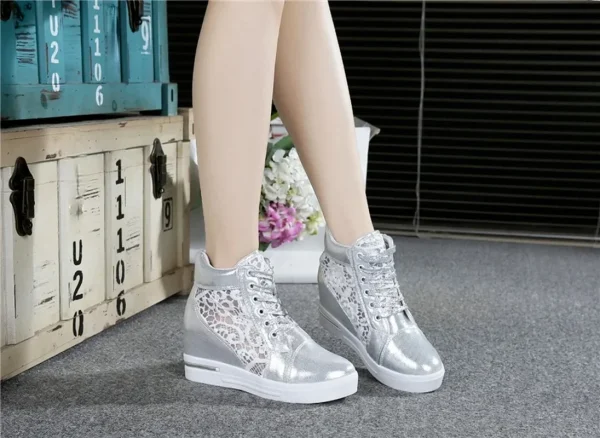 Casual Round Toe Leather High Heels Lace Up Wedge Platform Shoes