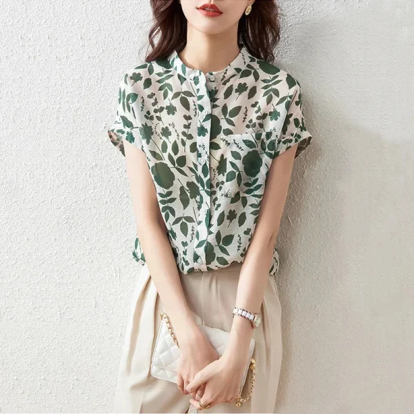 Casual Short Sleeve Stand Collar Flower Printed Blusas Tops - Image 2