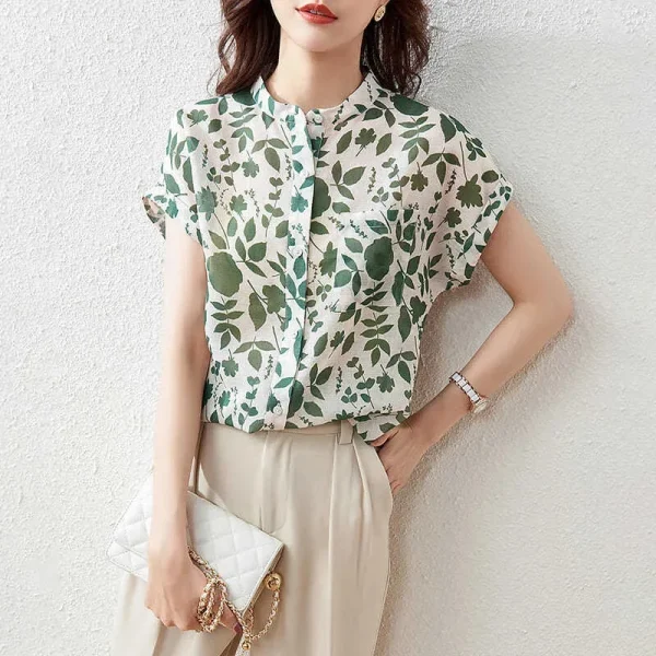 Casual Short Sleeve Stand Collar Flower Printed Blusas Tops - Image 3