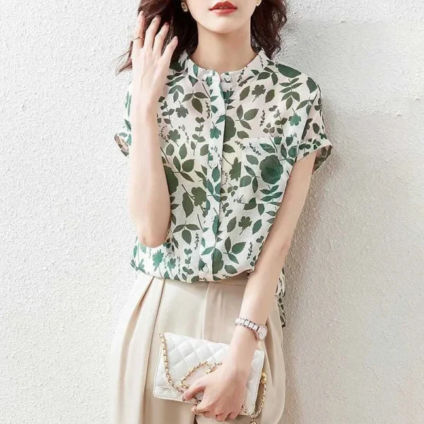 Casual Short Sleeve Stand Collar Flower Printed Blusas Tops - Image 4
