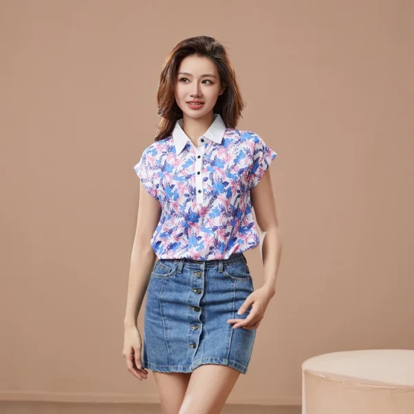 Casual Short Sleeve Turn-down Collar Printed Loose Blouses Shirt Tops - Image 4