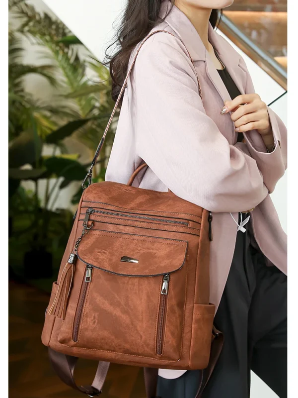 Casual Solid Vegan Leather Shoulder Bag Ladies Zipper Magnetic Flap Backpack - Image 3