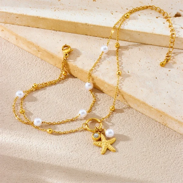 Casual Stainless Stee Pearl Zircon Starfish Pendant Double-layer Plated Anklets - Image 4