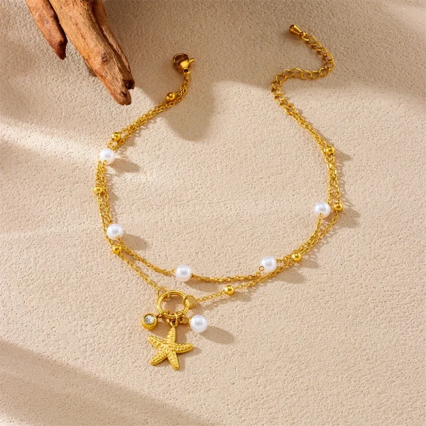 Casual Stainless Stee Pearl Zircon Starfish Pendant Double-layer Plated Anklets - Image 3