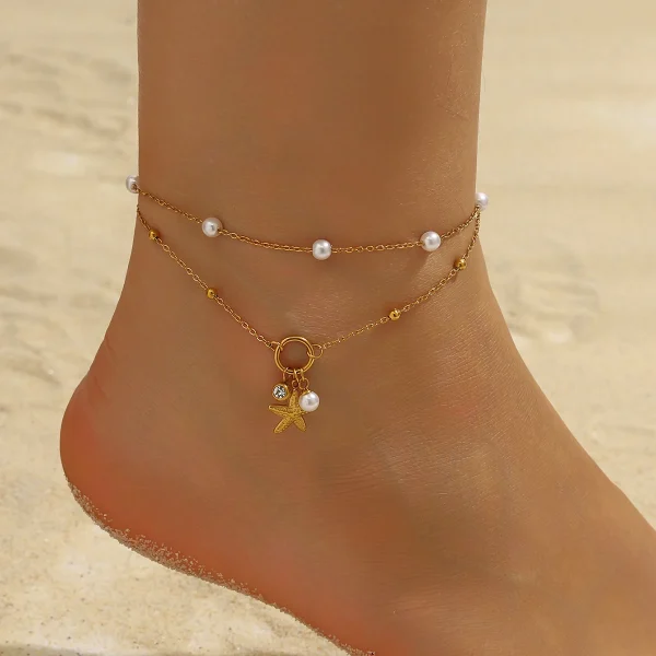 Casual Stainless Stee Pearl Zircon Starfish Pendant Double-layer Plated Anklets