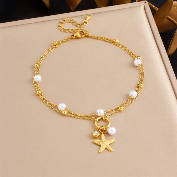 Casual Stainless Stee Pearl Zircon Starfish Pendant Double-layer Plated Anklets - Image 2