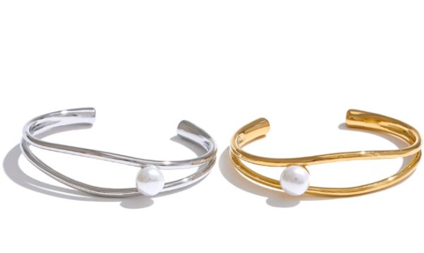 Casual Stainless Steel Smooth Pearl Hollow Open Stylish Minimalist Charm Bangle Bracelet - Image 4