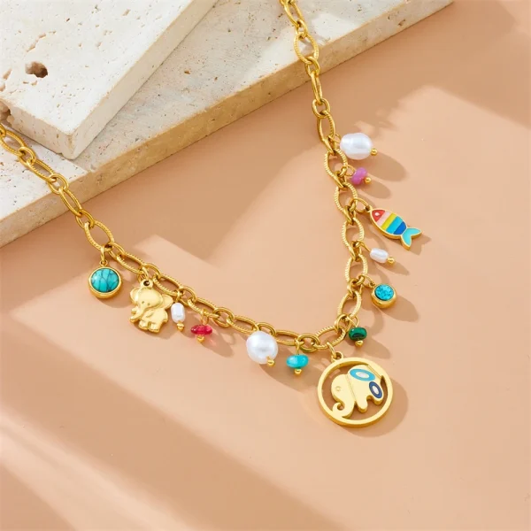 Casual Stainless Steel Turquoise Pearl Small Fish Elephant Pendant Trend Neck Necklace - Image 4