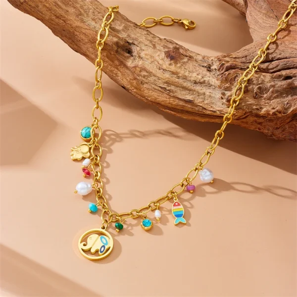 Casual Stainless Steel Turquoise Pearl Small Fish Elephant Pendant Trend Neck Necklace - Image 3