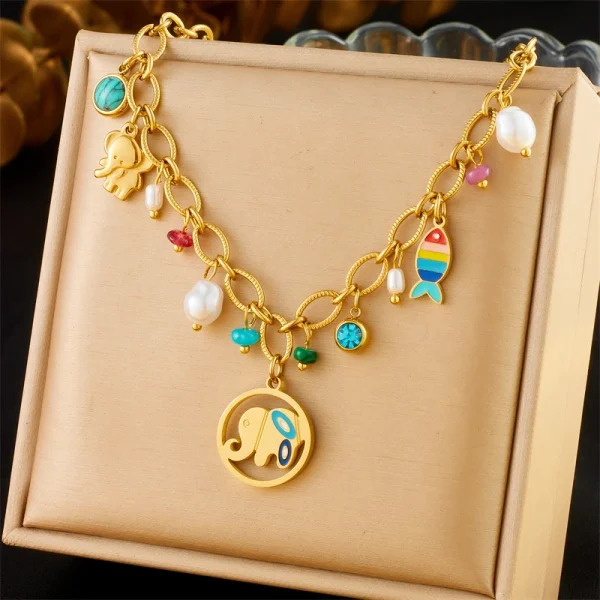Casual Stainless Steel Turquoise Pearl Small Fish Elephant Pendant Trend Neck Necklace - Image 2