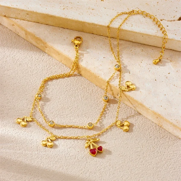 Casual Stainless Steel Waterproof Foot Chains Glamorous Zircon Cherry Double-layer Anklets - Image 4
