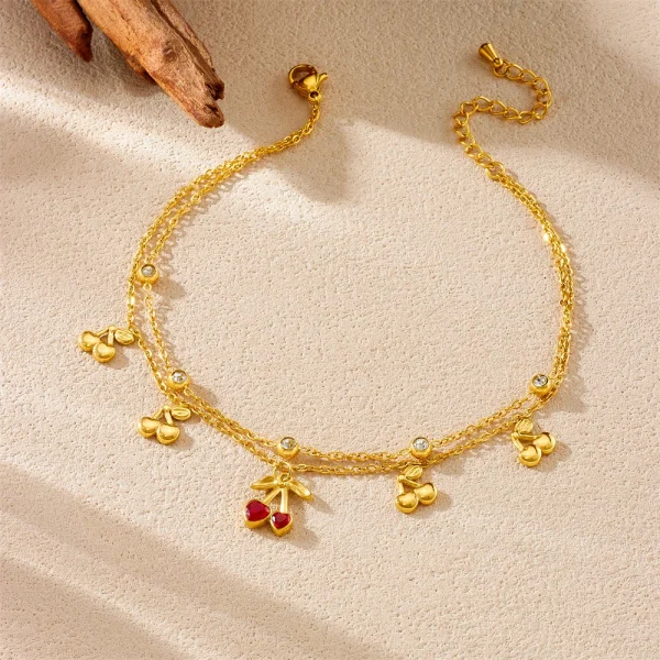 Casual Stainless Steel Waterproof Foot Chains Glamorous Zircon Cherry Double-layer Anklets - Image 3