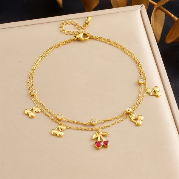 Casual Stainless Steel Waterproof Foot Chains Glamorous Zircon Cherry Double-layer Anklets - Image 2