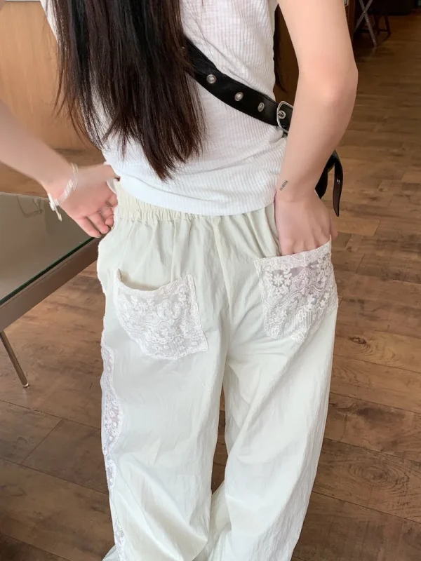 Casual Straight-leg Design Sun Protection Cool Ice Silk Lace Wide-leg Pants - Image 6