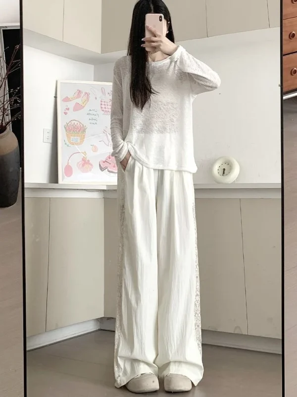 Casual Straight-leg Design Sun Protection Cool Ice Silk Lace Wide-leg Pants