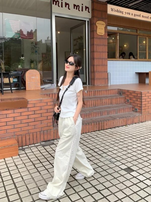 Casual Straight-leg Design Sun Protection Cool Ice Silk Lace Wide-leg Pants - Image 2