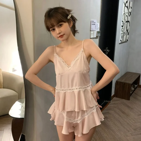 Casual Strap Top And Loose Satin Shorts V-Neck Sleepwear - Image 17