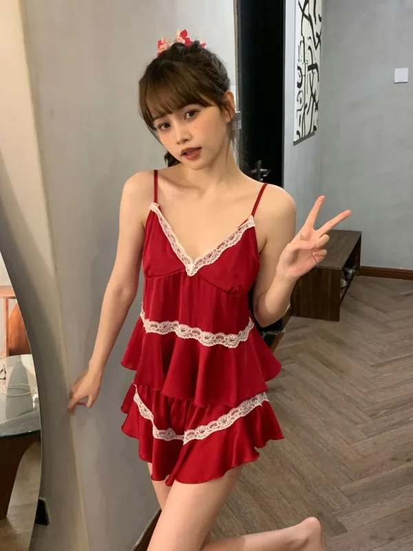 Casual Strap Top And Loose Satin Shorts V-Neck Sleepwear - Image 7