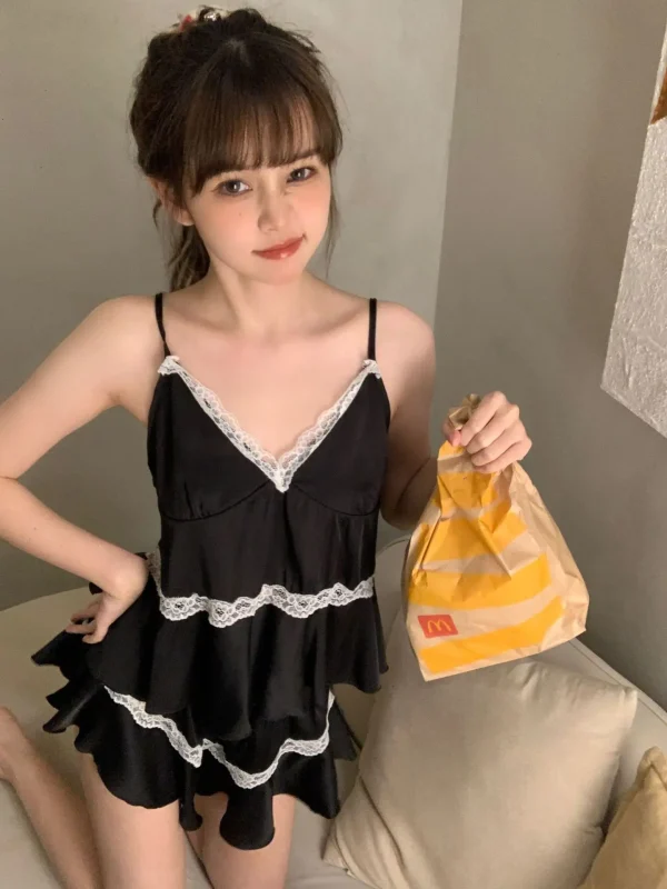 Casual Strap Top And Loose Satin Shorts V-Neck Sleepwear - Image 2