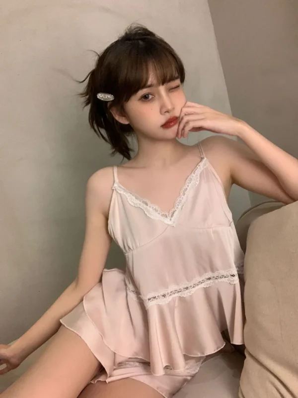 Casual Strap Top And Loose Satin Shorts V-Neck Sleepwear - Image 16