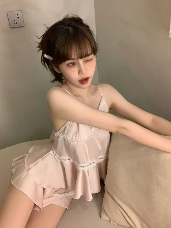 Casual Strap Top And Loose Satin Shorts V-Neck Sleepwear - Image 15