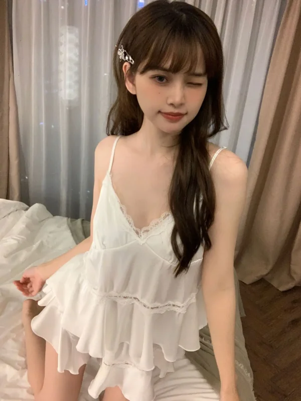 Casual Strap Top And Loose Satin Shorts V-Neck Sleepwear - Image 13