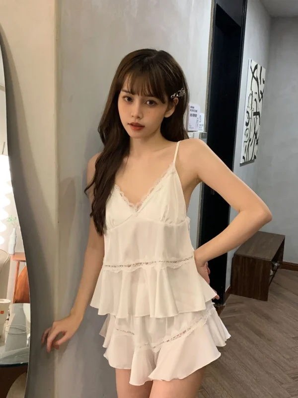Casual Strap Top And Loose Satin Shorts V-Neck Sleepwear - Image 12
